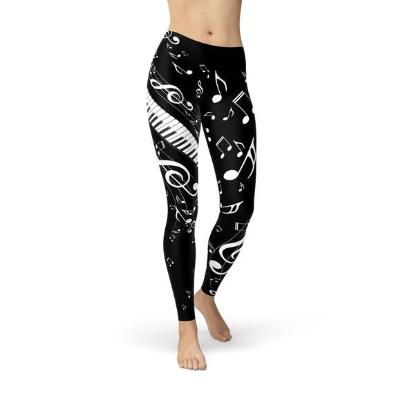 Womens Piano Notes Black Leggings